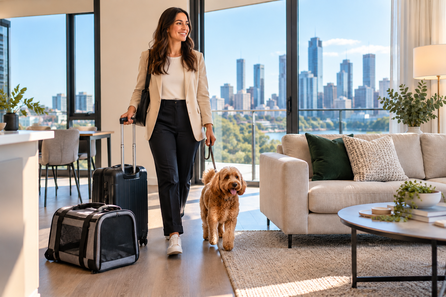 Corporate traveller arriving at pet-friendly accommodation with her dog and luggage